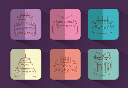 icon set of birthday cakes over colorful squares and purple background, vector illustrationのイラスト素材
