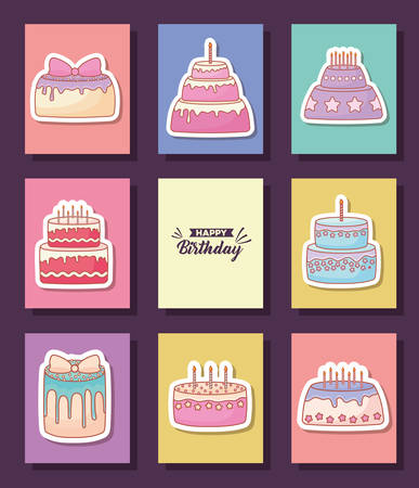 icon set of happy birthday concept over colorful squares and purple background, vector illustrationのイラスト素材