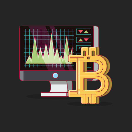 computer with stock market and bitcoin symbol over black background, colorful design. vector illustrationのイラスト素材