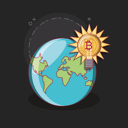 earth planet with bulb with bitcoin symbol over black background, colorful design. vector illustrationのイラスト素材