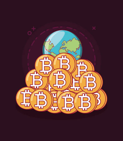 earth planet with bitcoin coins over black background, colorful design. vector illustrationのイラスト素材