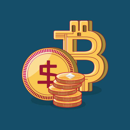 bitcoin symbol with money coin over blue background, colorful design. vector illustrationのイラスト素材