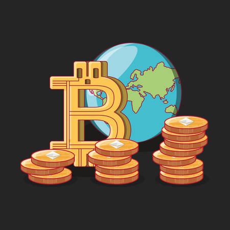 bitcoin symbol and earth planet over black background, colorful design. vector illustrationのイラスト素材