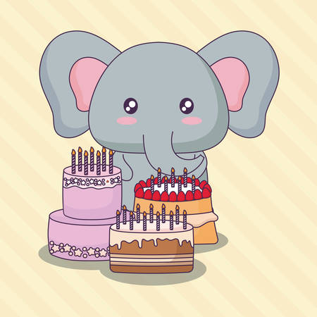 cute elephant with birthday cakes over yellow background, colorful design. vector illustrationのイラスト素材
