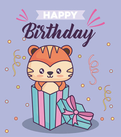 happy birthday design with gift box with cute tiger icon over purple background, colorful design. vector illustrationのイラスト素材