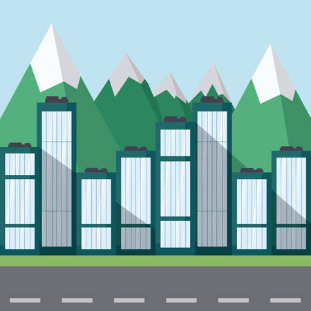 Landscape with row of city buildings and mountains, colorful design. vector illustrationのイラスト素材