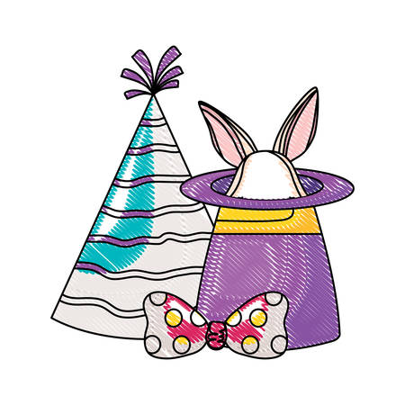 party hat and magic hat over white background, colorful design. vector illustrationのイラスト素材
