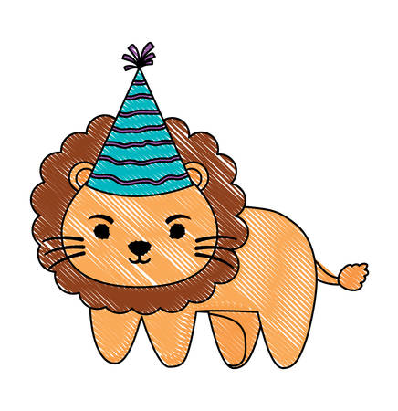 cute lion with party hat over white background, colorful design. vector illustrationのイラスト素材