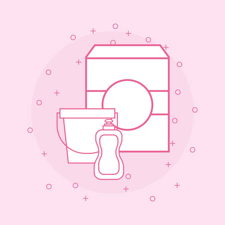cleaning supplies design with soap box and bucket over pink background, colorful design. vector illustrationのイラスト素材