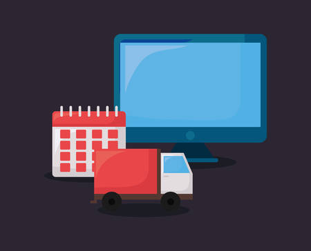 cargo truck and calendar over black background, colorful design. shopping concept, colorful design. vector illustrationのイラスト素材