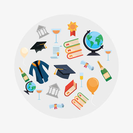 circle with graduation celebration related icons over white background, colorful design. vector illustration のイラスト素材