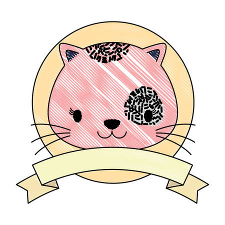Emblem of cute animals concept with decorative ribbon and cute cat icon over white background, colorful design.のイラスト素材