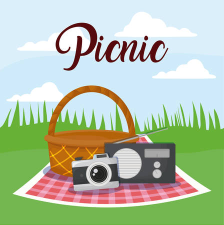 picnic landscape concept with basket and camera, colorful design. vector illustrationのイラスト素材