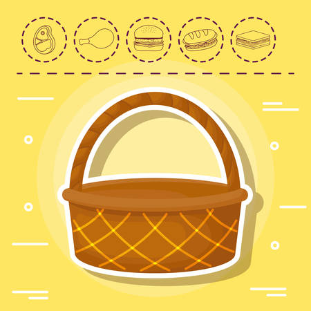basket and picnic food related icons over yellow background, colorful design. vector illustrationのイラスト素材