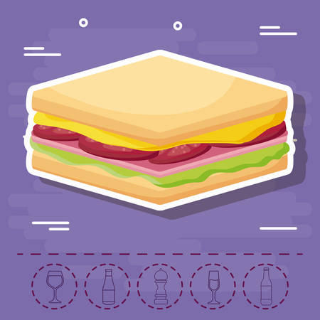 sandwich and picnic food related icons over purple background, colorful design. vector illustrationのイラスト素材