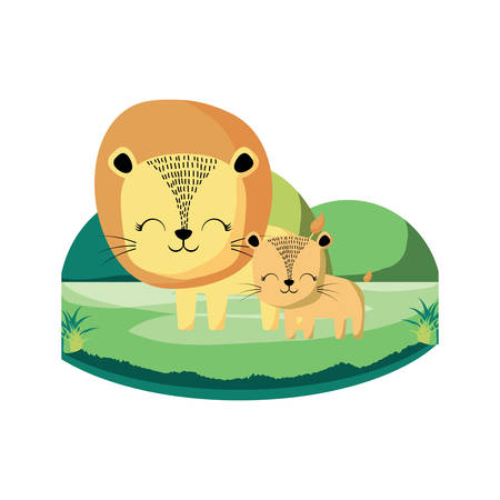 cute lions on the grass over white background, colorful design. vector illustrationのイラスト素材
