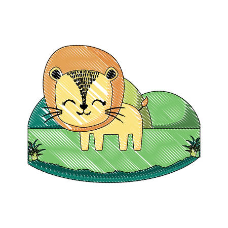 Cute lion on the grass over white background. Vector illustrationのイラスト素材