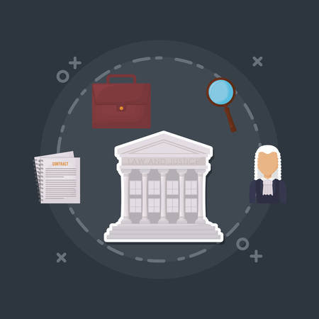 court building and law and justice related icons over black  background, colorful design. vector illustrationのイラスト素材