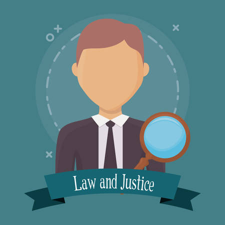 emblem of law and justice concept with avatar lawyer and magnifyign glass over turquoise background, colorful design. vector illustrationのイラスト素材