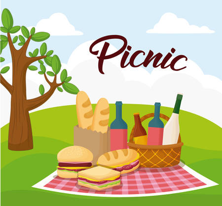 Landscape with picnic blanket with food, colorful design.のイラスト素材