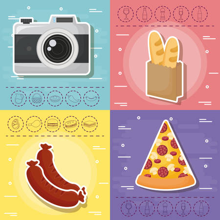 Icon set of picnic food concept over colorful squares, vector illustration.のイラスト素材