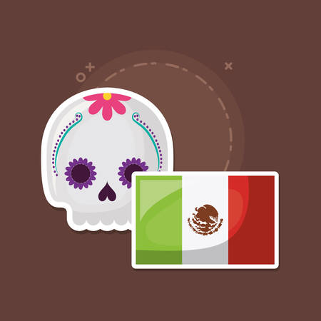Viva mexico design with sugar skull and flag of mexico over brown background, colorful design. vector illustrationのイラスト素材