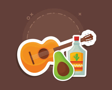 guitar with tequila bottle and avocado over brown background, colorful design. vector illustrationのイラスト素材