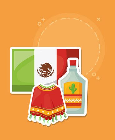 Mexican flag with poncho and tequila bottle over orange background, colorful design.のイラスト素材