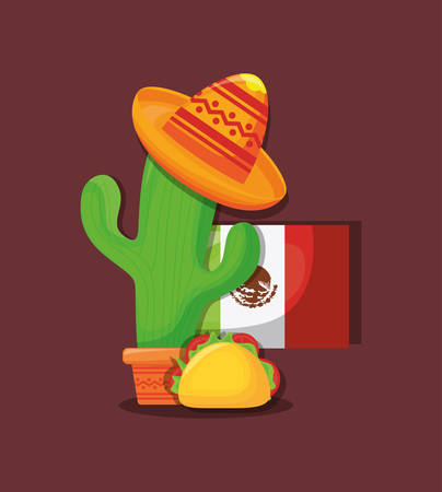 Mexican flag with cactus, hat and taco over brown background, colorful design.のイラスト素材