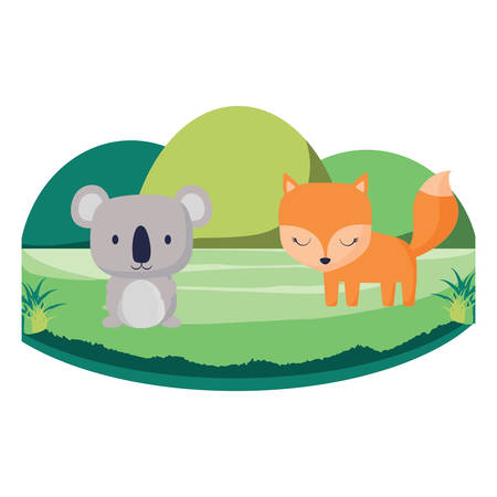Landscape with cute koala and fox over white background, colorful design vector illustration.のイラスト素材