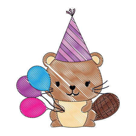 happy birthday design with cute beaver with birthday hat and balloons over white background, colorful design. vector illustrationのイラスト素材