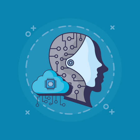 robotic head and cloud storage over blue background, colorful design. vector illustrationのイラスト素材