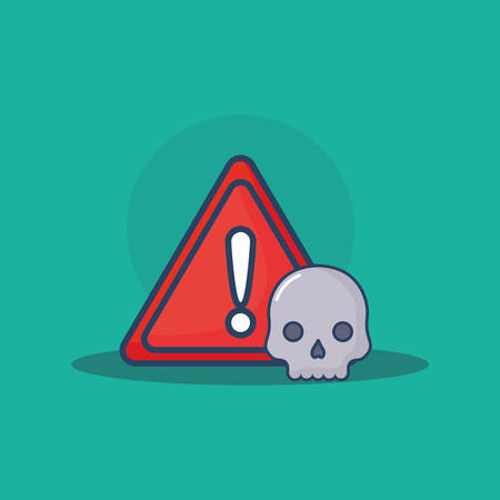 Warning sign with skull over turquoise background, colorful design. Vector illustrationのイラスト素材