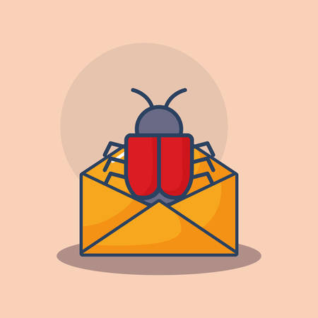 Cyber security design with envelope with virus bug over orange background, colorful design. Vector illustrationのイラスト素材