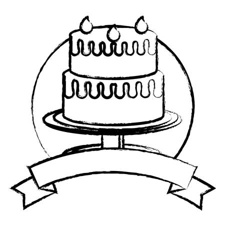 sketch of emblem with birthday cake icon over white background, vector illustrationのイラスト素材