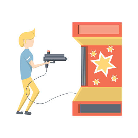 Boy playing light gun arcade machine over white background, vector illustrationのイラスト素材