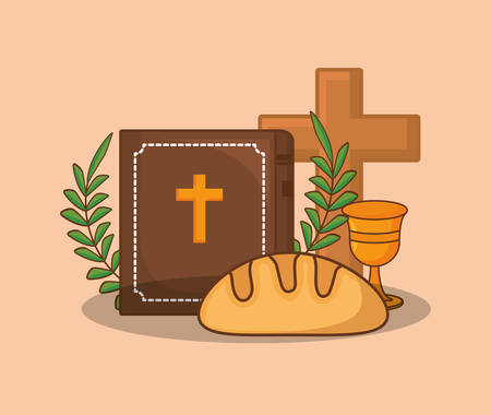 Easter celebration design with bible and bread with religious related icons over orange background, colorful design. vector illustrationのイラスト素材