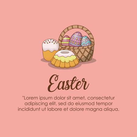 Infographic of easter design with basket with easter eggs and cupcakes icon over pink background.のイラスト素材