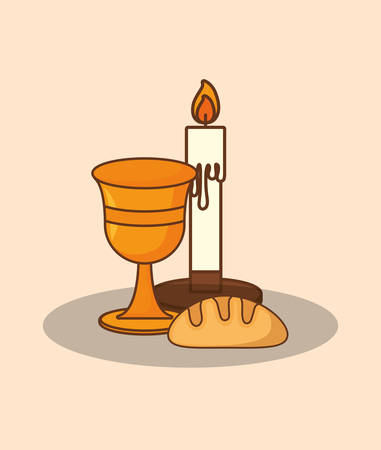 Easter celebration design with holy grail, bread and candle over orange background.のイラスト素材