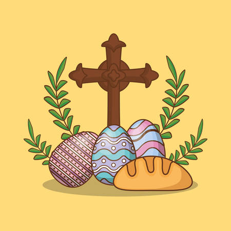 Religious cross and easter eggs over yellow background, colorful design.のイラスト素材