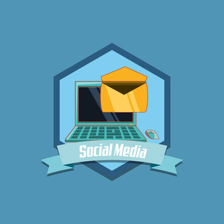 emblem of social media concept with laptop computer and envelope over blue background, colorful design. vector illustrationのイラスト素材