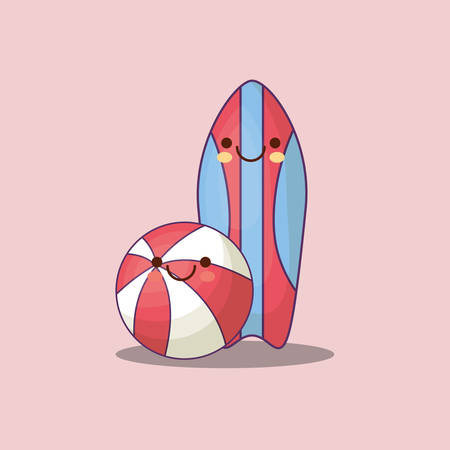 kawaii pool ball and surfboard over pink background, colorful design. vector illustrationのイラスト素材