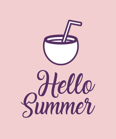 Hello summer design with coconut cocktail icon over pink background, colorful line design. vector illustrationのイラスト素材
