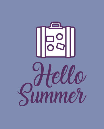 Hello summer design with suitcase over purple background, colorful line design. vector illustrationのイラスト素材