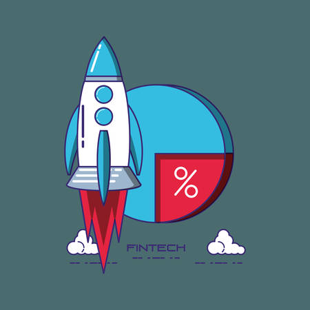 Fintech concept with rocket and pie chart over blue background, vector illustrationのイラスト素材