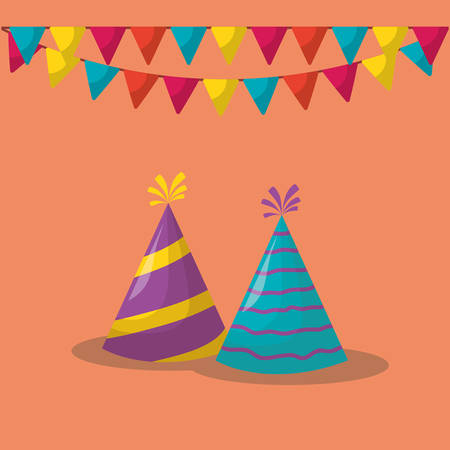 decorative pennants and party hats over orange background, colorful design. vector illustrationのイラスト素材