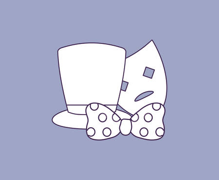top hat with bow tie and theather mask over purple backgorund, colorful line design. vector illustrationのイラスト素材