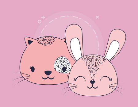 cute cat and rabbit over pink background, colorful design. vector illustrationのイラスト素材