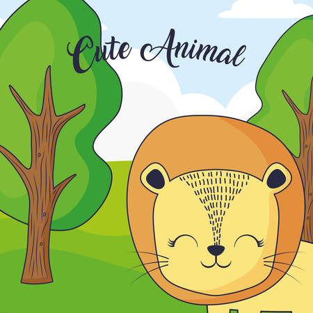 cute lion over forest landscape background, colorful design. vector illustrationのイラスト素材