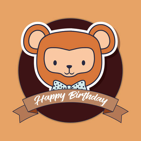 Happy birthday design with cute monkey icon and decorative ribbon over brown background, colorful design. vector illustrationのイラスト素材